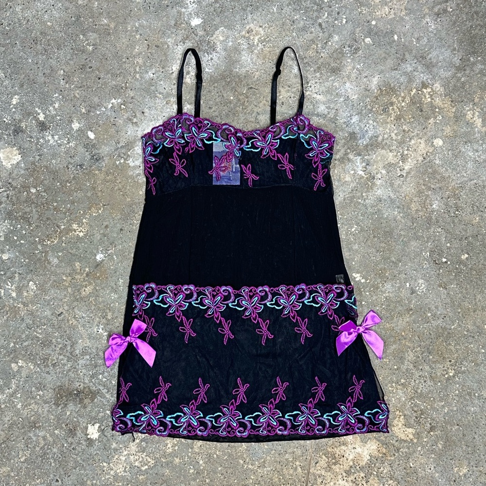 Vintage Black Purple Lace Mesh Mini Dress